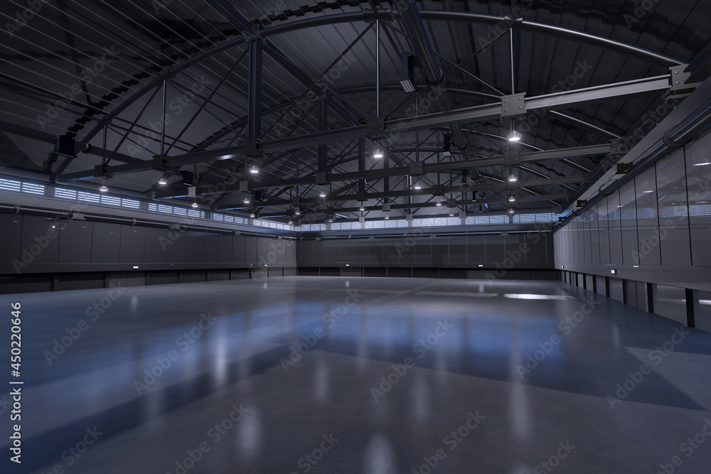 Naklejka premium Empty hall exhibition centre. The backdrop for exhibition stands, booth elements.Conversation centre for the conference.Big Arena for entertainment,concert, event. Indoor stadium for sports.3d render.