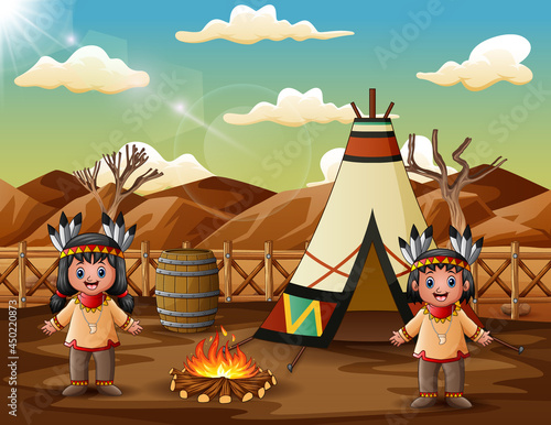 Two american indians cartoon with teepees in tribal location