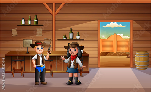 Western saloon with cowboy and cowgirl illustration