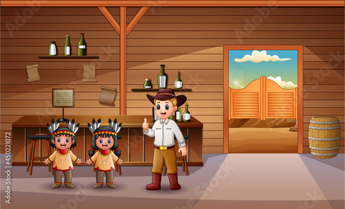 Cartoon of cowboy and american indian children in the bar
