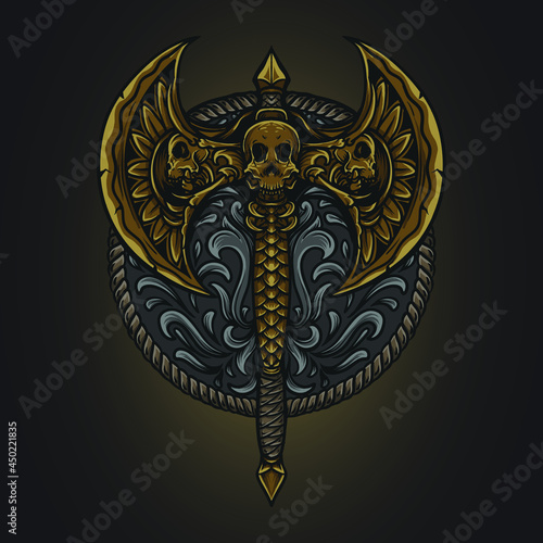 artwork illustration and t shirt design axe skull engraving ornament