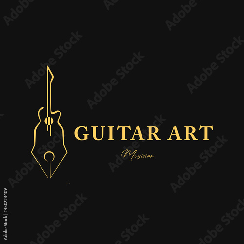 Luxury guitar logo design. Guitar with pen vector illustration isolated on black background