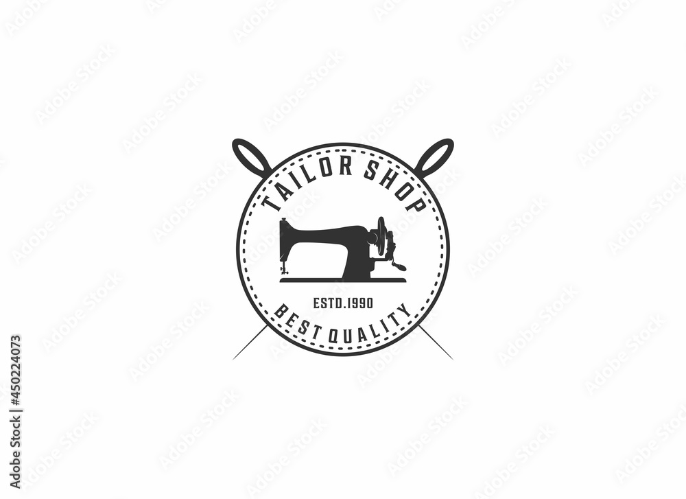 Sewing machine and fast tailoring clothes, logo template. Tailor shop in white background Stock