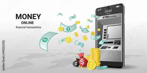 Mobile banking and money online on mobile phone application for financial transaction, ATM, Money transfers, concept for website, banner. Perspective Vector illustration