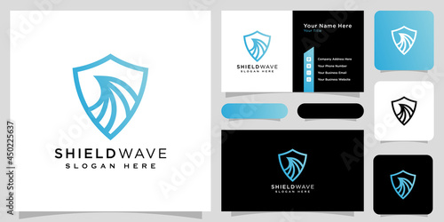 shield wave logo design vector line style and business card