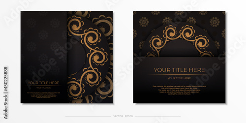 Square Preparing postcards in black with Indian ornaments. Template for design printable invitation card with mandala patterns.