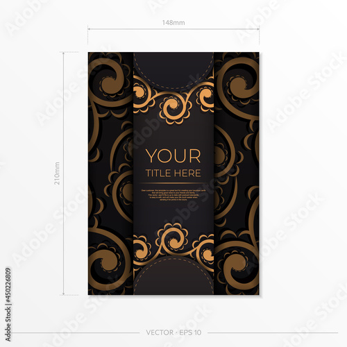 Rectangular Postcard template in black with Indian patterns. Print-ready invitation design with mandala ornament.