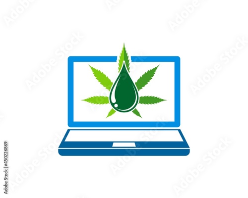 laptop computer with cannabis leaf and green water drop inside