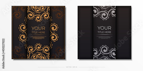 Square vector postcards in black color with Indian patterns. Invitation card design with mandala ornament.
