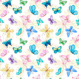 Seamless colorful watercolor butterfly background pattern. Baby girl cute pattern