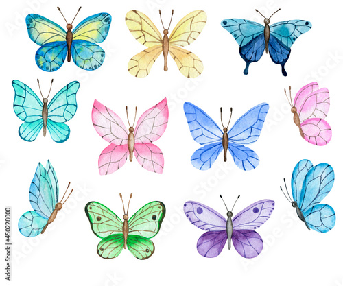 Set of watercolor boho butterfly. Watercolor hand drawn cute butterfly clipart elements collection. Isolated elements on white background