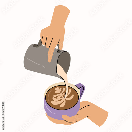 Barista hands holding coffee mug and adds cream,milk.