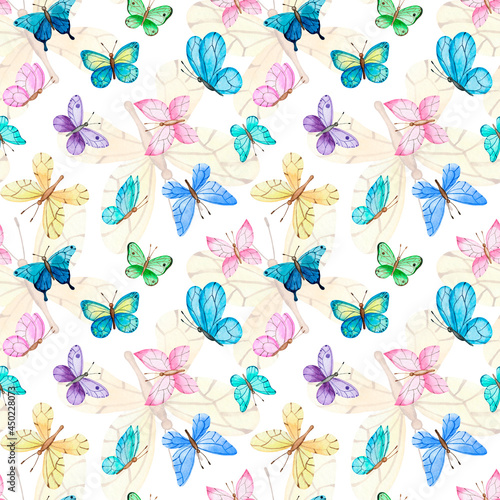 Seamless colorful watercolor butterfly background pattern. Baby girl cute pattern