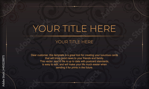 Black template banner of gorgeous vector patterns with mandala ornaments and place for your text. Print-ready invitation design with mandala ornament.