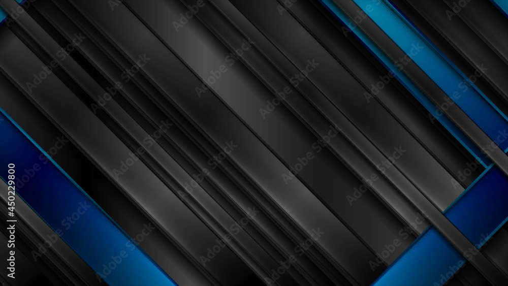Obraz premium Black and blue glossy stripes abstract tech background