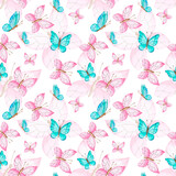 Cute butterflies hand drawn watercolor seamless pattern. Animalistic design raster texture. Nursery fabric