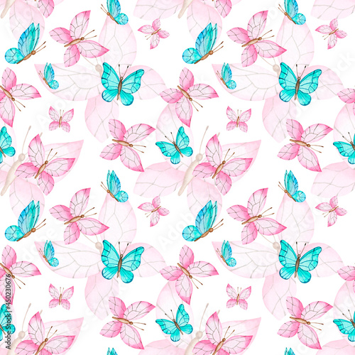 Cute butterflies hand drawn watercolor seamless pattern. Animalistic design raster texture. Nursery fabric © Катерина Тышковская