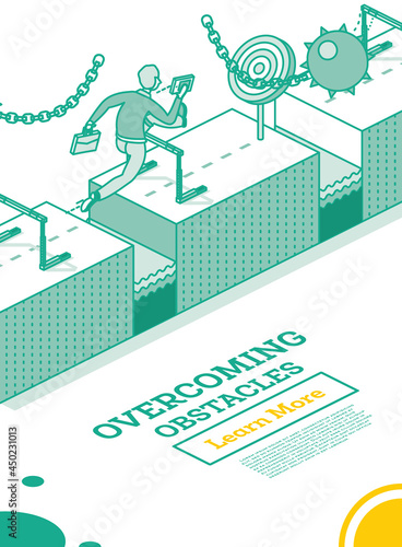 Overcome Business Obstacles. Businessman Jumps over Hurdle and Dodges from Swinging Wrecking Balls.