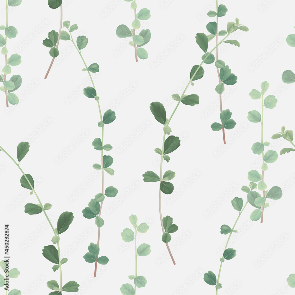 Foliage seamless pattern, green Siamese rough bush leaves on bright grey