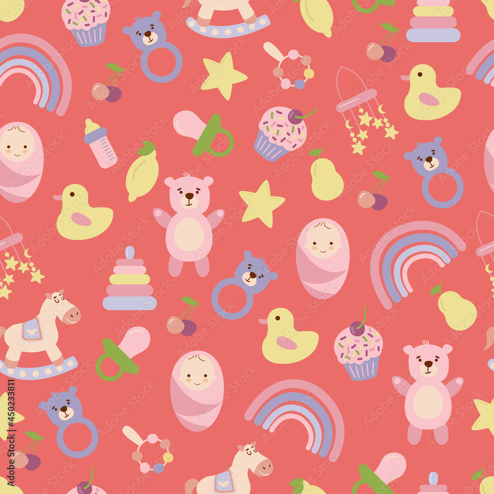 Baby pattern with child's toys, objects. Seamless pattern with baby things. Design for fabrics, textiles, wallpaper, packaging, children's room decoration.	