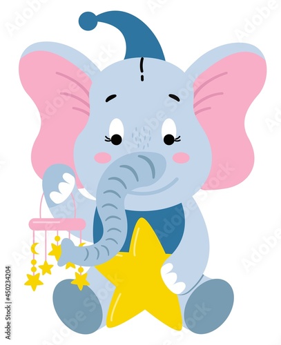 Cute hand-drawn elephant with stars. Vector illustration. White background, isolate.	