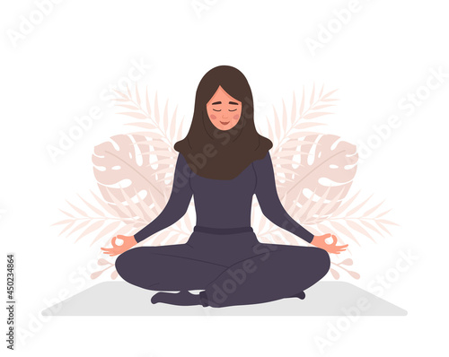 Abdominal breathing. Arab woman practicing belly breathing for relaxation. Breath awareness yoga exercise. Meditation for body, mind and emotions. Spiritual practice. Flat cartoon vector illustration.