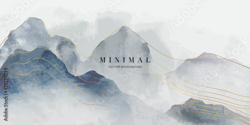Blue mountain and golden line arts background vector. Oriental Luxury landscape background design with watercolor brush and gold line texture. Wallpaper design, Wall art for home decor and prints.