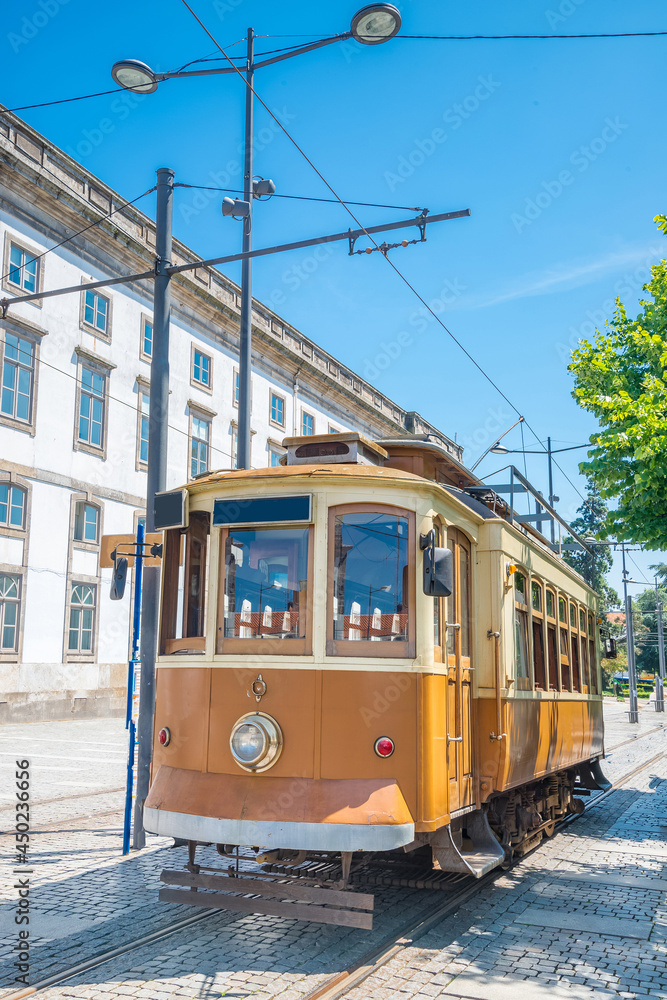Historical tram in Porto, Portugal in a summer day