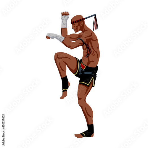 muay thai boxer with a traditional amulet on his hand, an ancient cruel sport, protective stance, color vector illustration isolated on a white background in a cartoon style and flat design