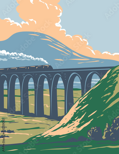 Art Deco or WPA poster of steam train on railway over Batty Moss or Ribblehead Viaduct in Yorkshire Dales National Park, northern England, United Kingdom done in works project administration style.