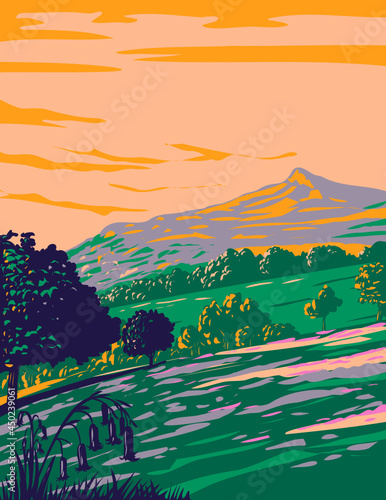 Art Deco or WPA poster of the North York Moors National Park with bluebells in woodlands in county of North Yorkshire North Eastern England, United Kingdom done in works project administration style.