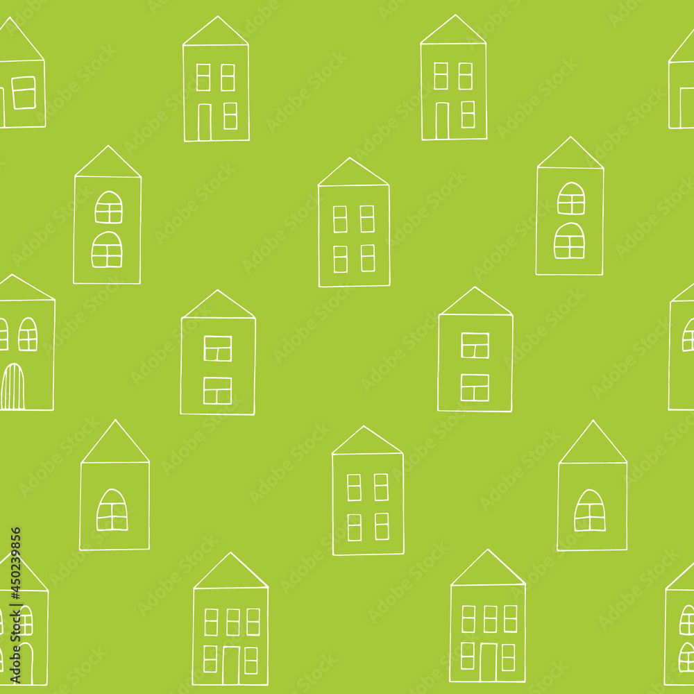 houses seamless pattern. hand drawn doodle. vector, scandinavian, minimalism. building, street. textiles, wrapping paper, wallpaper, background.