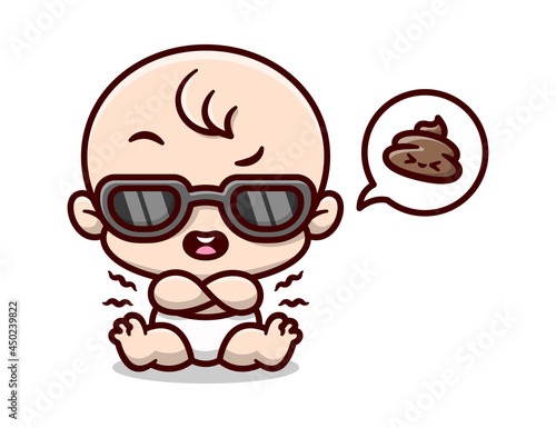 COOL BABY BOY IS WEARING BLACK SUNGLASSES AND POOP IN HIS DIAPERS. CARTOON ILLUSTRATION.