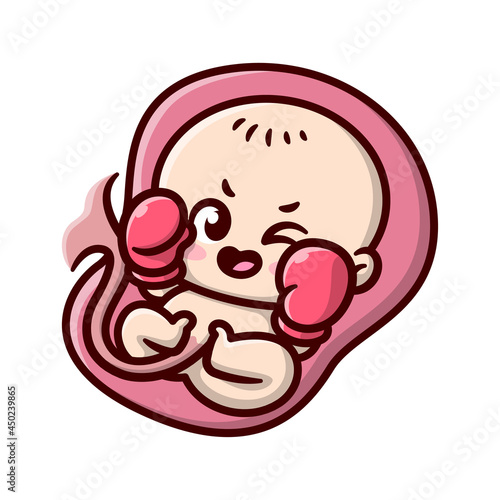 THE CUTE UNBORN BABY IS SHOWING NASTY EXPRESSIONS AND WEARING BOXING GLOVES. CARTOON ILLUSTRATION.