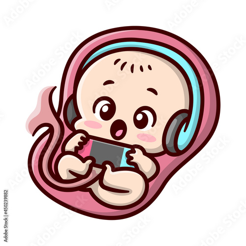 THE CUTE UNBORN BABY IS PLAYING GAMES AND WEARING HEADPHONES IN HIS MOM'S WOMB. CARTOON ILLUSTRATION.