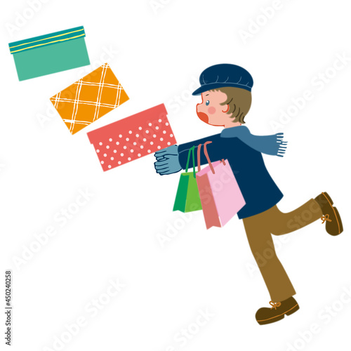 Side of a child about to fall down with some boxes and paper bags
