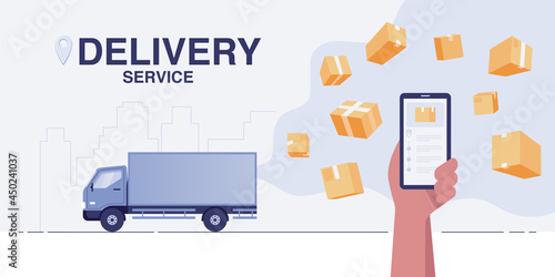 Delivery truck concept. Fast delivery service app on smartphone.