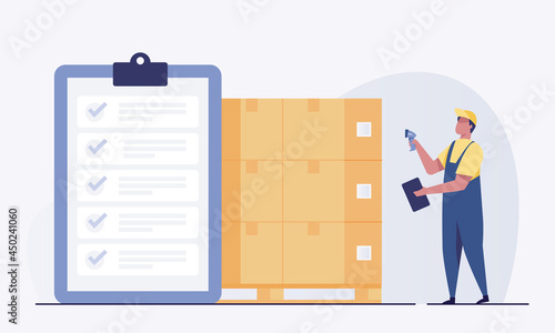 Warehouse Worker Scanning Barcodes On Boxes. Inventory inspection, product quantity, product classification. vector illustration