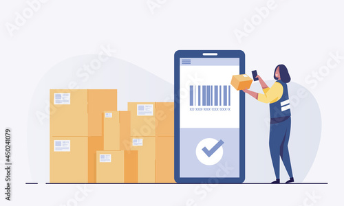 Warehouse worker scanning barcode on box with smartphone.