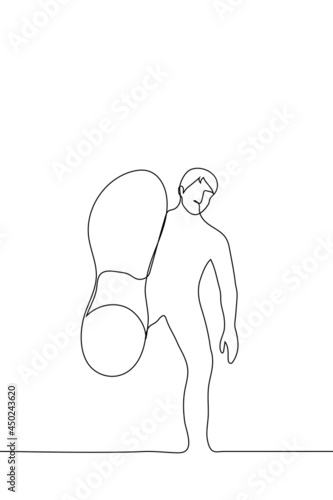 man kicks the viewer - one line drawing. concept of throwing the foot, hook with the foot