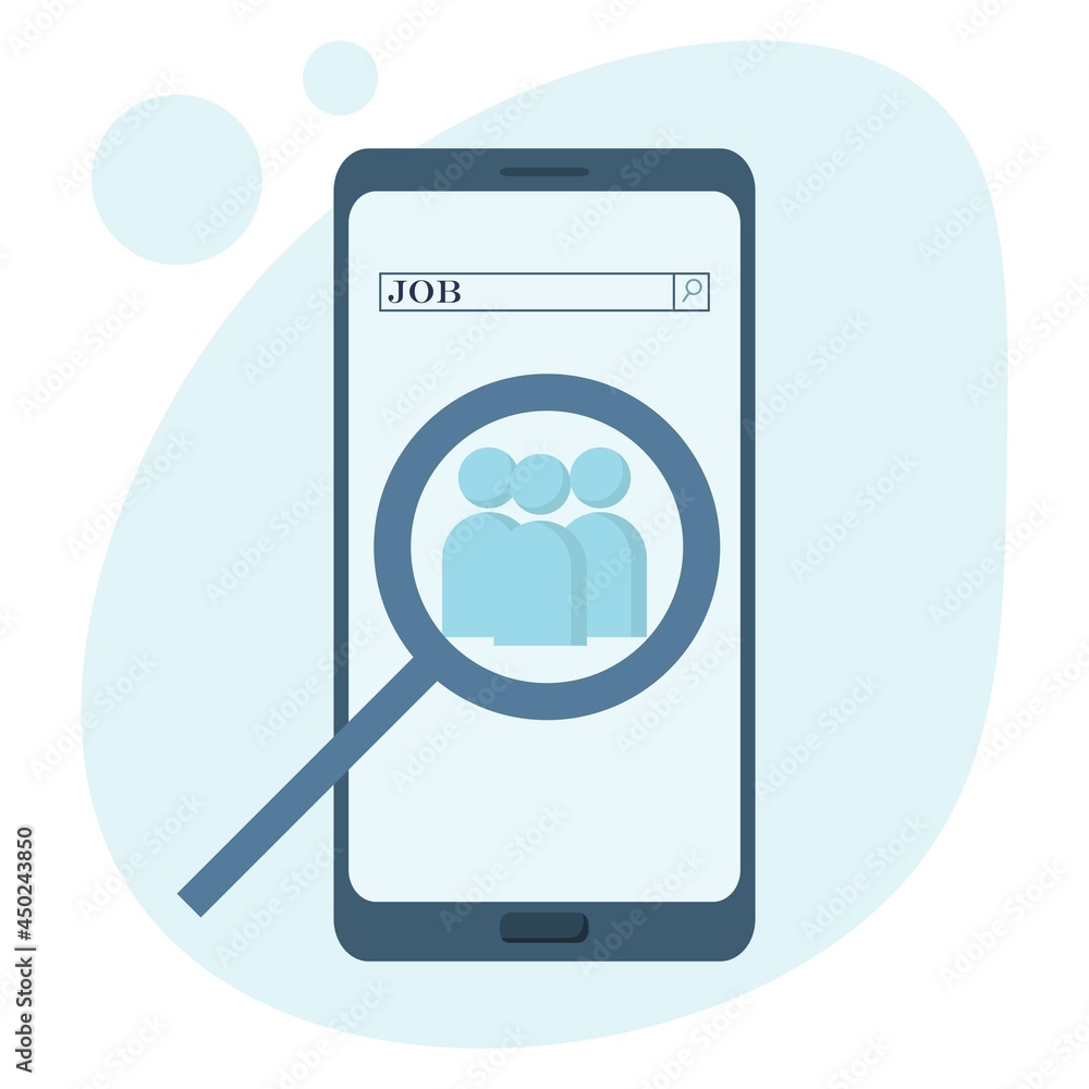 Vector concept of job search in mobile phone. Job search. Unemployed, unemployment and job search concept. Job search application. Vector concept of job search in mobile phone. Job search. Unemployed, unemployment and job search concept. Job search application.