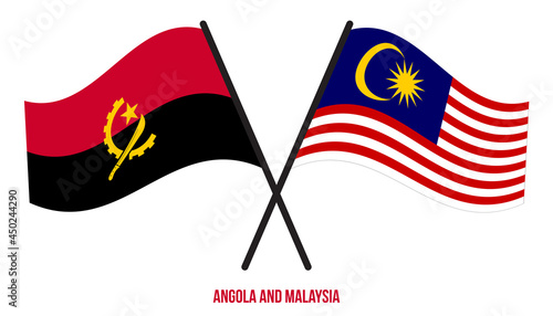 Angola and Malaysia Flags Crossed And Waving Flat Style. Official Proportion. Correct Colors.