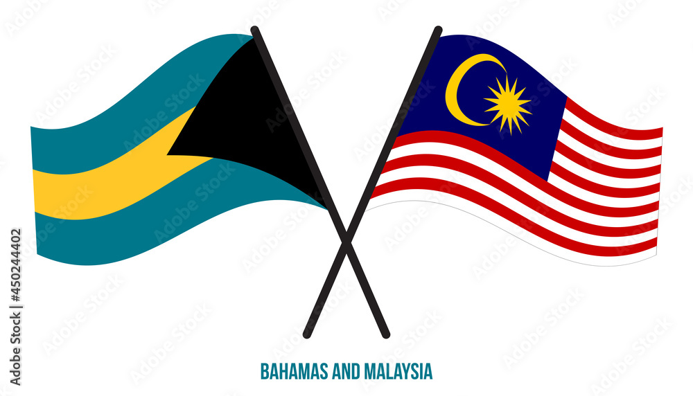 Bahamas and Malaysia Flags Crossed And Waving Flat Style. Official Proportion. Correct Colors.