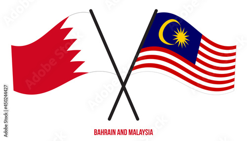 Bahrain and Malaysia Flags Crossed And Waving Flat Style. Official Proportion. Correct Colors.