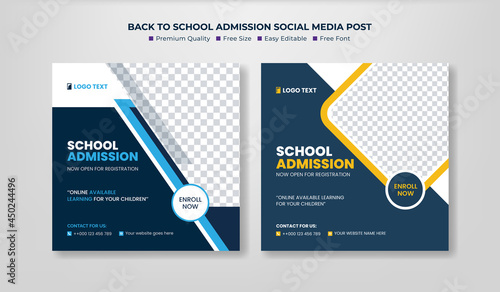 School Admission social media post, promotional discount Back to school admission social media post banner template Design.Back to School admission by social media Instagram, Facebook post kit