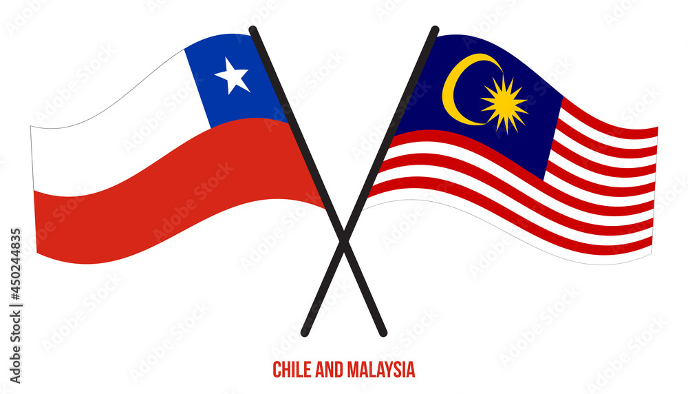 Chile and Malaysia Flags Crossed And Waving Flat Style. Official Proportion. Correct Colors.