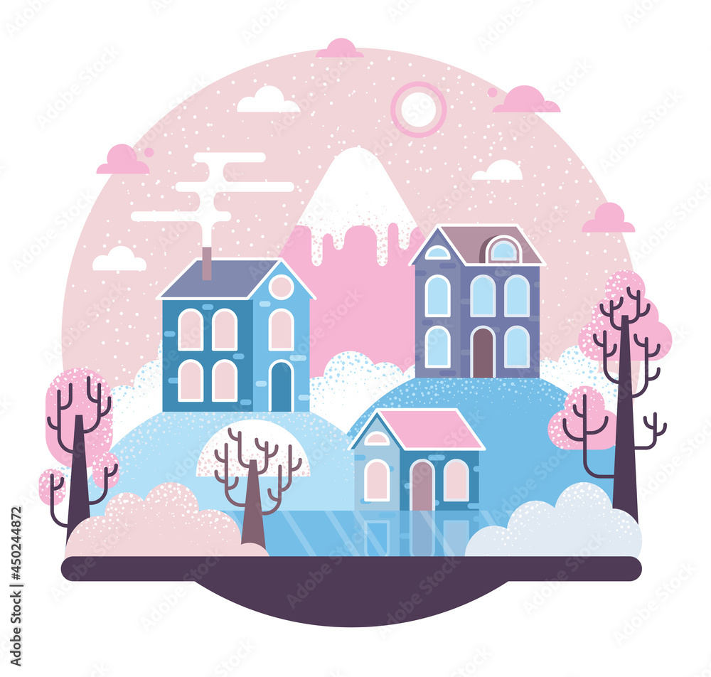Three houses on a hill, next to a lake covered with ice, a mountain with a snow-capped peak and snowdrifts. Vector illustration
