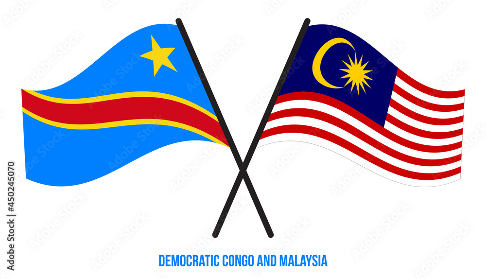 Democratic Congo and Malaysia Flags Crossed & Waving Flat Style. Official Proportion. Correct Colors