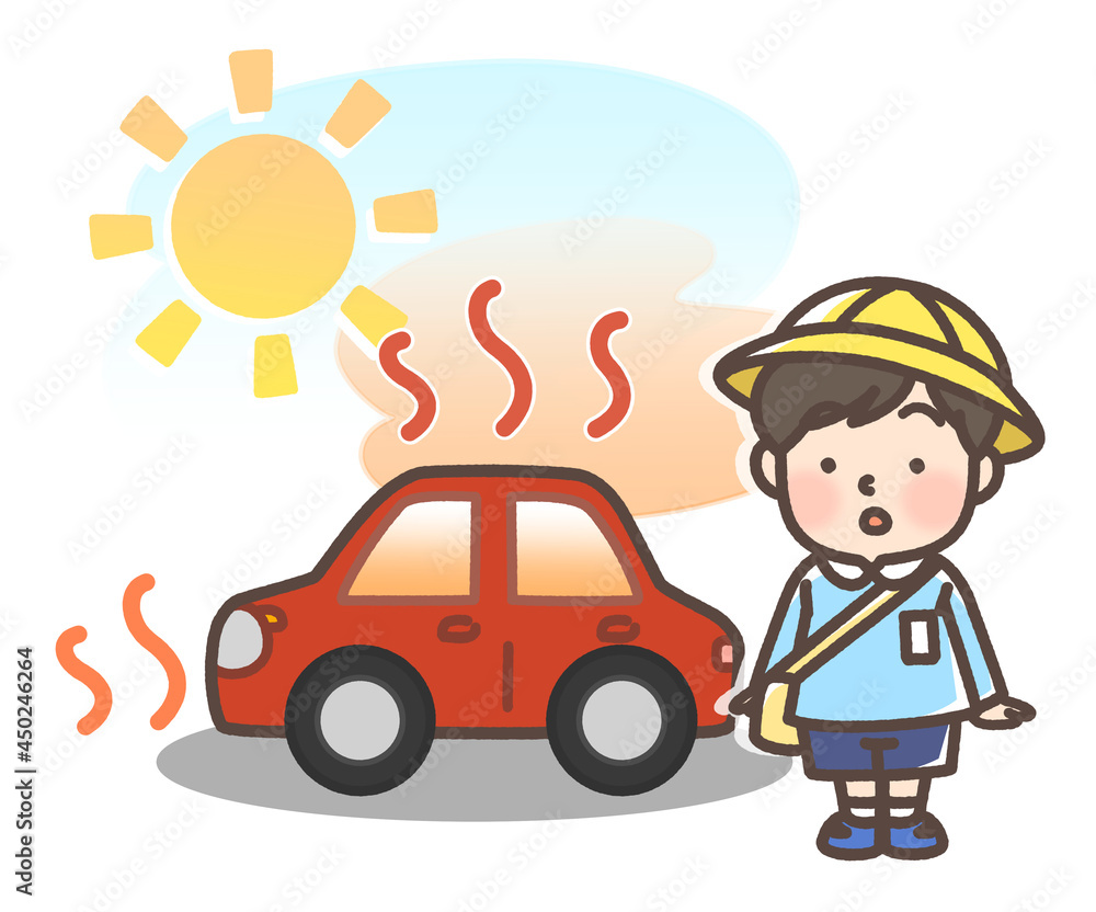 炎天下で暑くなっている車と子供 炎天下で暑くなっている車と子供