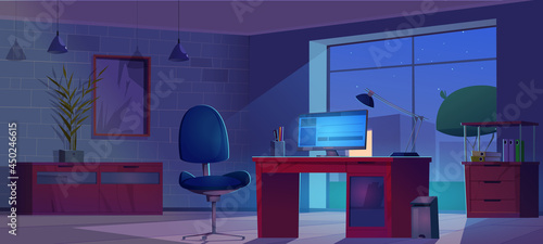 Night home office interior dark room for freelance
